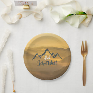 Plato De Papel Monograma de montañas personalizables de amanecer 