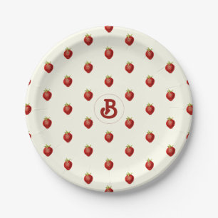Plato De Papel Monograma de nombre de fresa blanca roja linda fem