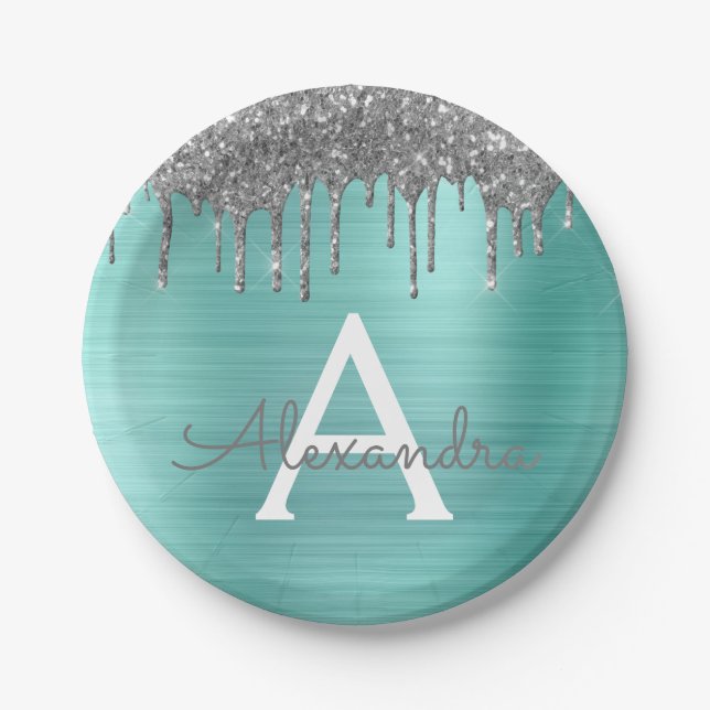 Plato De Papel Monograma de nombre de metal cepillado con brillo  (Anverso)