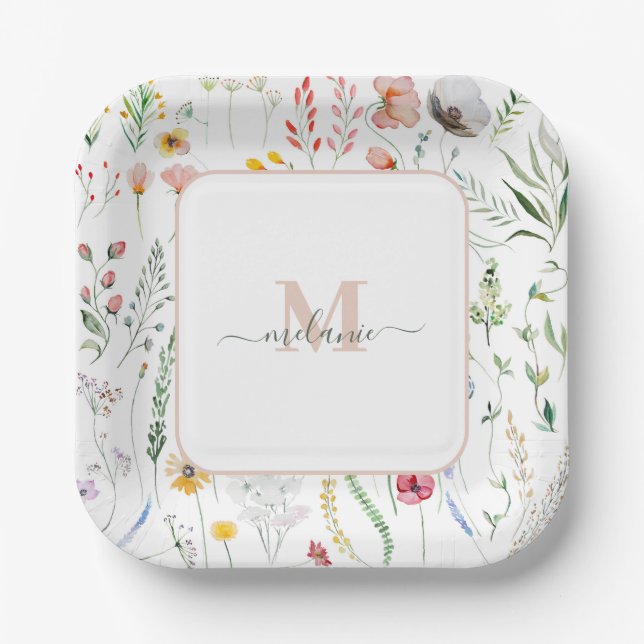Plato De Papel Monograma de nombre personalizado Boho Wildflowers (Anverso)