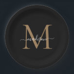 Plato De Papel Monograma de oro negro clásico nombre de guión mod<br><div class="desc">Monograma de oro negro moderno con escritura femenina moderna Placa de papel</div>