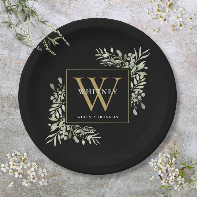 Plato De Papel Monograma de oro negro Elegante verde moderno (Black Gold Monogram Elegant Modern Greenery Paper Plates)