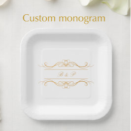 Plato De Papel Monograma de pareja elegante Boda de Swirl Gold