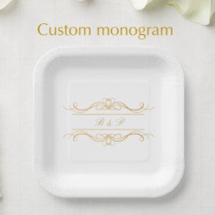Plato De Papel Monograma de pareja elegante Boda de Swirl Gold