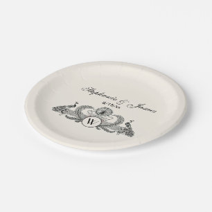 Plato De Papel Monograma de Pavos Reales Vintage Marfil BG