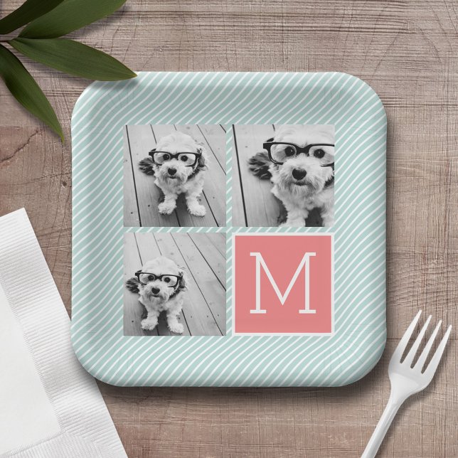 Plato De Papel Monograma de Personalizado de Collage de fotos de  (Personalized party plates with a photo collage and text)