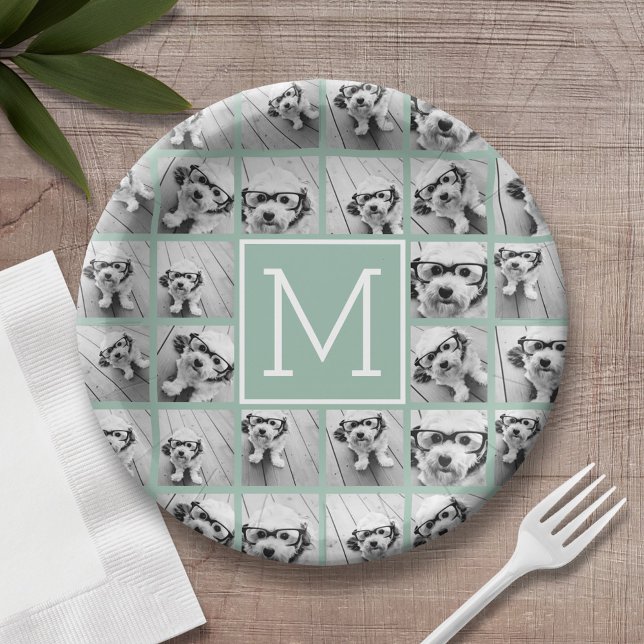 Plato De Papel Monograma de Personalizado de Collage de fotos úni (Personalized birthday plate with monogram and photo collage)