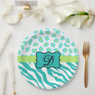Plato De Papel Monograma de piel de leopardo de cebra verde azul
