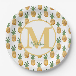 Plato De Papel Monograma de piña tropical cutáneo Placa de papel