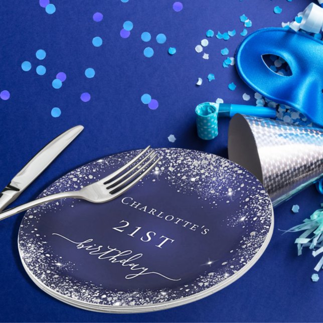 Plato De Papel Monograma de polvo de purpurina de plata azul mari (Subido por el creador)
