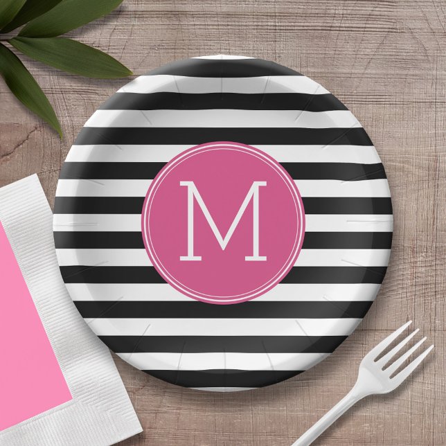 Plato De Papel Monograma de rayas blancas y negras de color rosad (Personalized party plate with area for monogram)