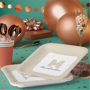 Plato De Papel Monograma de rayas de oro minimalista moderno