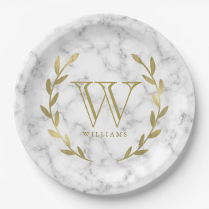 Plato De Papel Monograma de Relieve metalizado dorado falso sobre