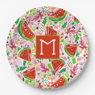 Plato De Papel Monograma de sandía divertida y patrón floral