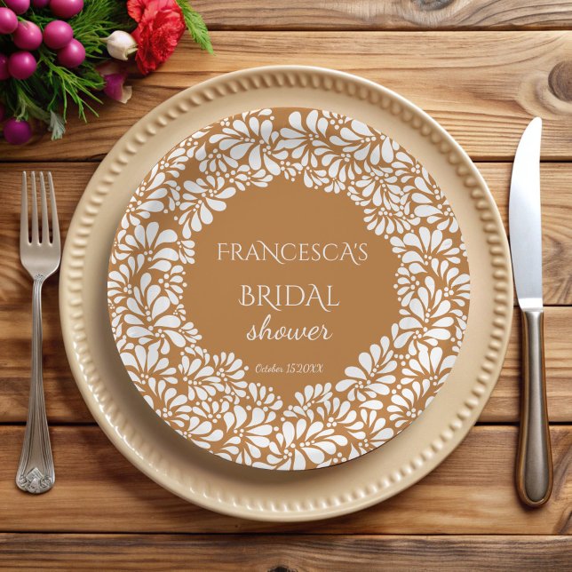 Plato De Papel Monograma de talavera terracota de México con duch (Mexican talavera terracotta bridal shower monogrammed personalized paper plates customized decor)