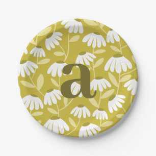 Plato De Papel Monograma de una sola letra con patrón floral verd
