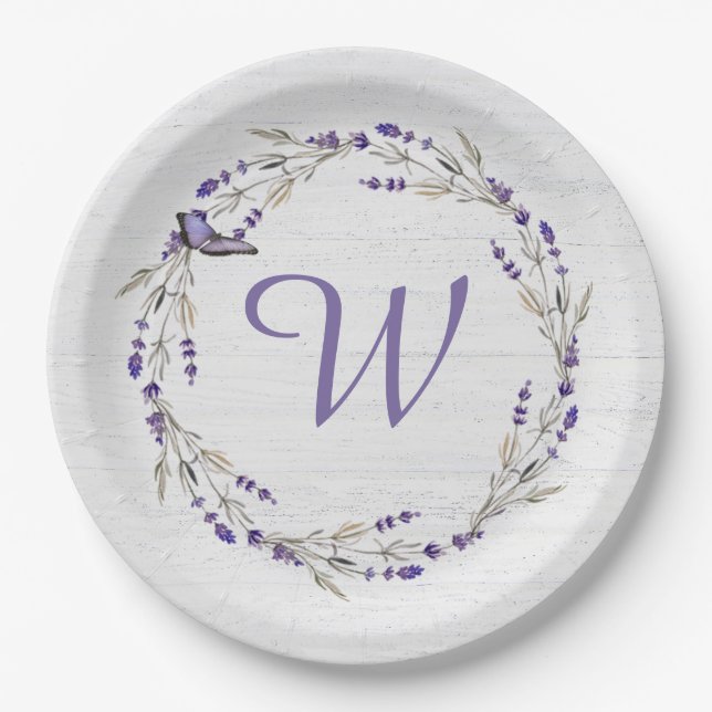 Plato De Papel Monograma de Wreath de Lavender Aniversario (Anverso)