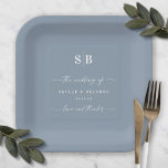 Plato De Papel Monograma del Boda azul turbio de color sólido sim<br><div class="desc">Sencillo color sólido Boda azul turbio recepción Monograma Placas de papel personalizadas. Este moderno boda o cualquier evento El diseño de la placa de papel es sencillo y mínimo, con un color de fondo sólido y de moda característicos tipos de letra de caligrafía. Se muestra en la nueva paleta de...</div>
