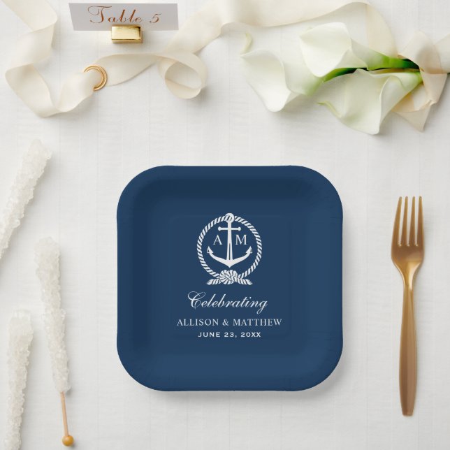 Plato De Papel Monograma del Boda del ancla azul de la Marina Náu (Boda)