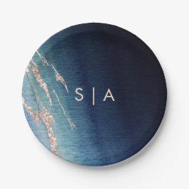 Plato De Papel Monograma del Boda Ombre Azul de la Marina y el Ag