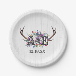 Plato De Papel Monograma del Boda Rústico Floral Deer Antler Bouq