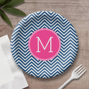 Plato De Papel Monograma del Personalizado de los chevrons azul y