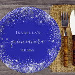 Plato De Papel Monograma del purpurina real de plata azul Quincea<br><div class="desc">Para una fiesta de cumpleaños número 15 para una chica y glamorosa de Quinceañera. Un fondo azul real con un elegante polvo de plata falsa. Personalice y agregue un nombre. Letras blancas. Quinceañera está escrita con un moderno guión de estilo escrito a mano con chispas.</div>