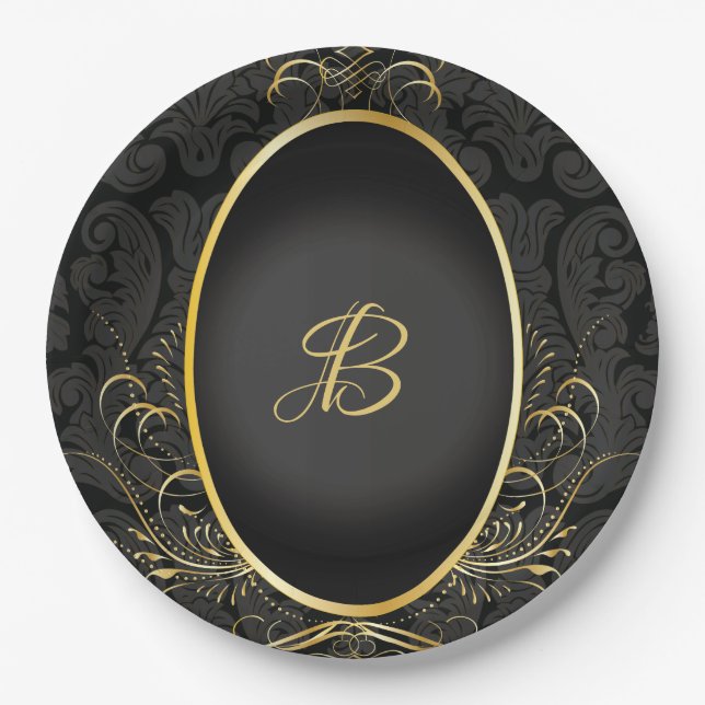 Plato De Papel Monograma dorado negro Placa estilo real (Anverso)