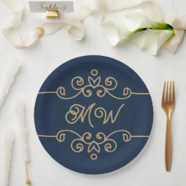 Plato De Papel Monograma elegante azul marino y oro vintage