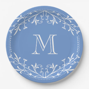 Plato De Papel Monograma elegante azul y blanco escandinavo