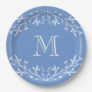 Plato De Papel Monograma elegante azul y blanco escandinavo