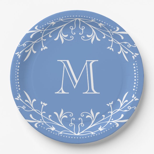 Plato De Papel Monograma elegante azul y blanco escandinavo (Anverso)