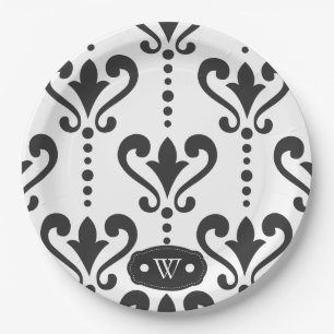 Plato De Papel Monograma elegante Damasco blanco y negro