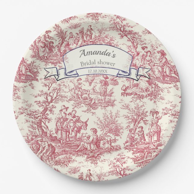 Plato De Papel Monograma elegante de tela roja de jouy (Anverso)