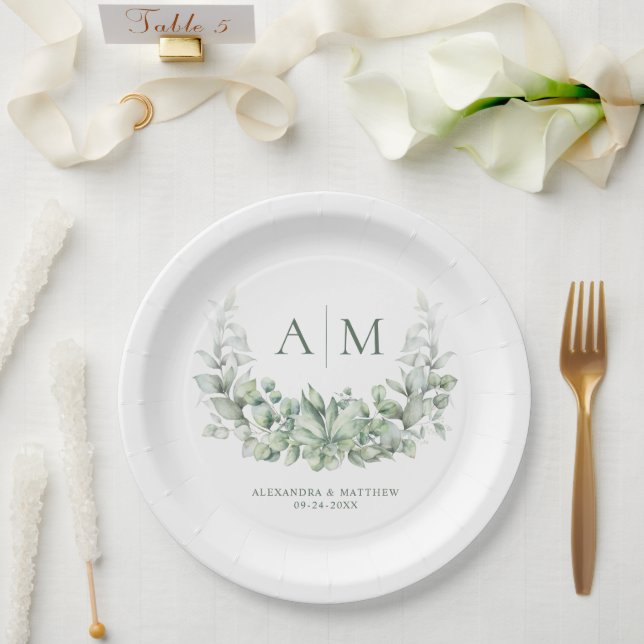 Plato De Papel Monograma Elegante Eucalyptus Greenery Boda (Boda)