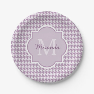 Plato De Papel Monograma elegante Houndstooth purpúreo claro con