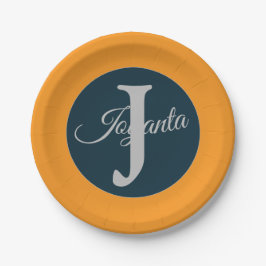 Plato De Papel Monograma elegante personalizado naranja gris azul