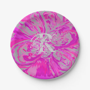 Plato De Papel Monograma elegante Resumen Fuchsia Floral rosa