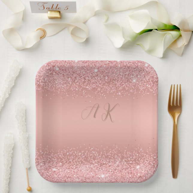 Plato De Papel Monograma Elegante Rosa Oro Luxe Brillo (Boda)