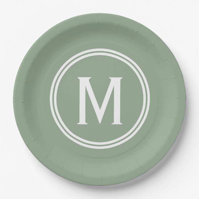 Plato De Papel Monograma enmarcado de Personalizado verde sabio m (Anverso)