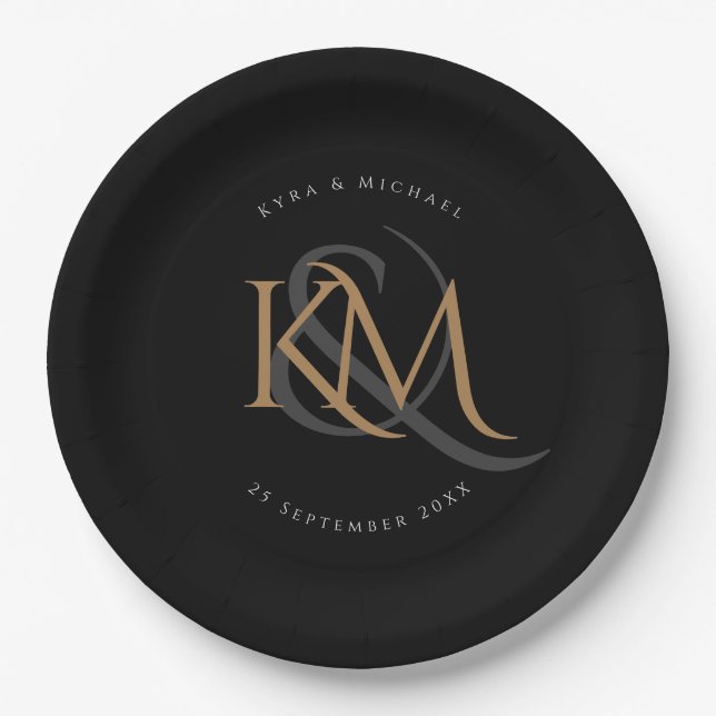 Plato De Papel Monograma estilo oro moderno Black Elegant Wedding (Anverso)