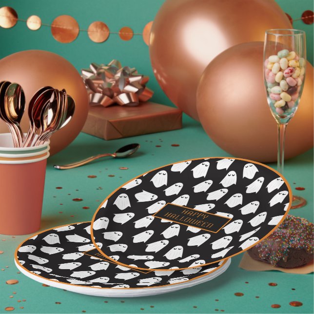 Plato De Papel Monograma fantasma de Halloween Fun blanco negro e (Multi)
