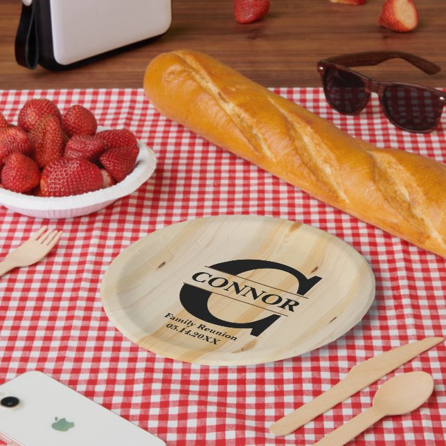 Plato De Papel Monograma Faux Butters Block Wood | Personalizado (Picnic)