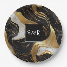 Plato De Papel Monograma Faux Gold, Black & White Marble Boda