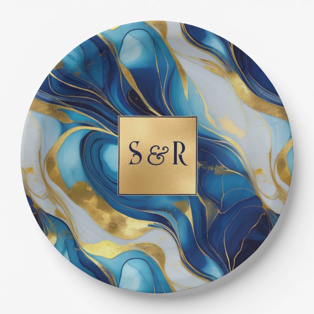 Plato De Papel Monograma Faux Gold, Blue and White Marble Boda (Anverso)