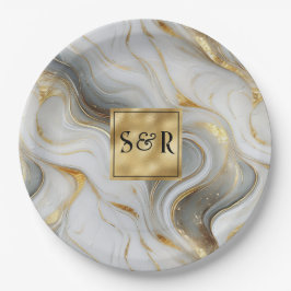 Plato De Papel Monograma Faux Gold, Gray & White Marble Boda