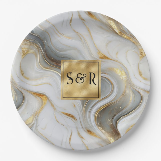 Plato De Papel Monograma Faux Gold, Gray & White Marble Boda (Anverso)