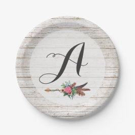 Plato De Papel Monograma Feathers Rustic Bohemian Arrow Boda
