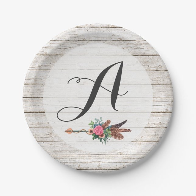 Plato De Papel Monograma Feathers Rustic Bohemian Arrow Boda (Anverso)