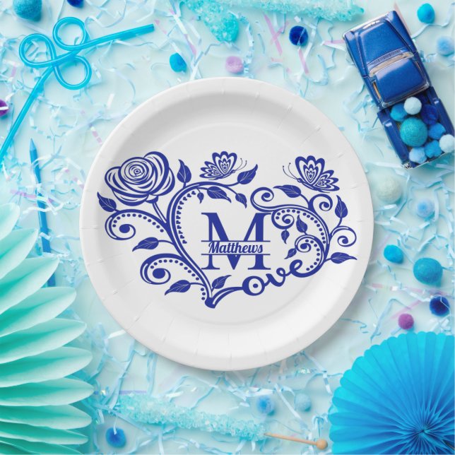 Plato De Papel Monograma floral azul de la marina personalizada M (Fiesta)